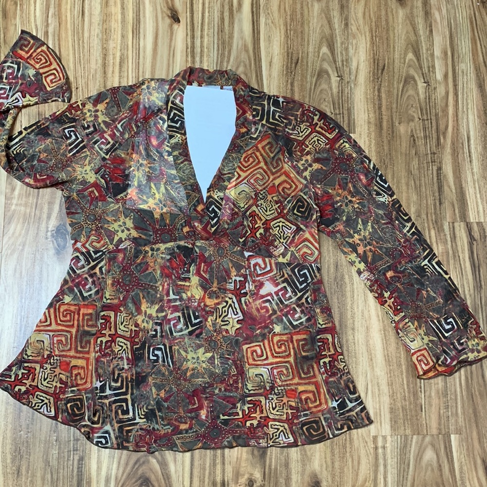 Chico’s 100% Silk, Safari Colors, Long Sleeve Top, Deep V-Neck Blouse, XL